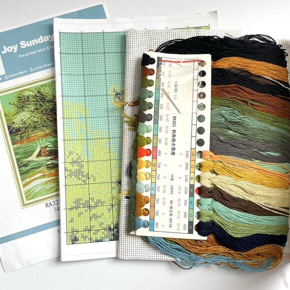 Fishing Boy Stamped Cross Stitch Kit Country River Overalls Joy Sunday 29.5 x 34 - Picture 4 of 5